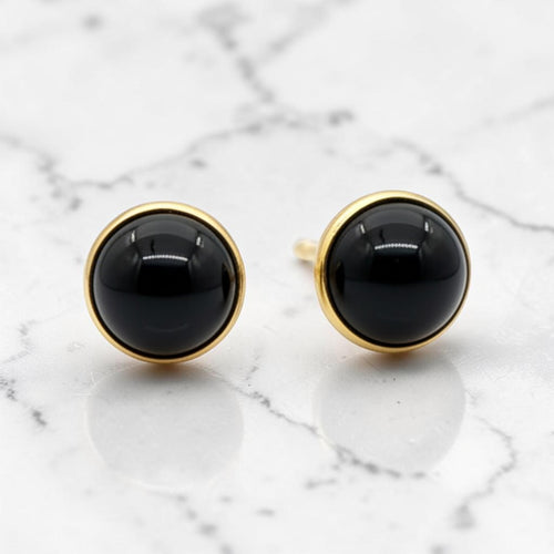 Wildflower dainty round 4mm black onyx stud earrings in 24K gold bezel setting.