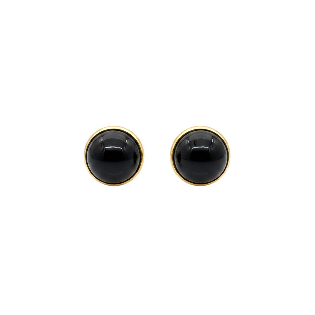Wildflower dainty round black onyx stud earrings in 24K gold bezel, 4mm. Perfect for everyday wear.
