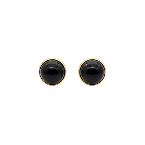 Wildflower dainty round black onyx stud earrings in 24K gold bezel, 4mm. Perfect for everyday wear.
