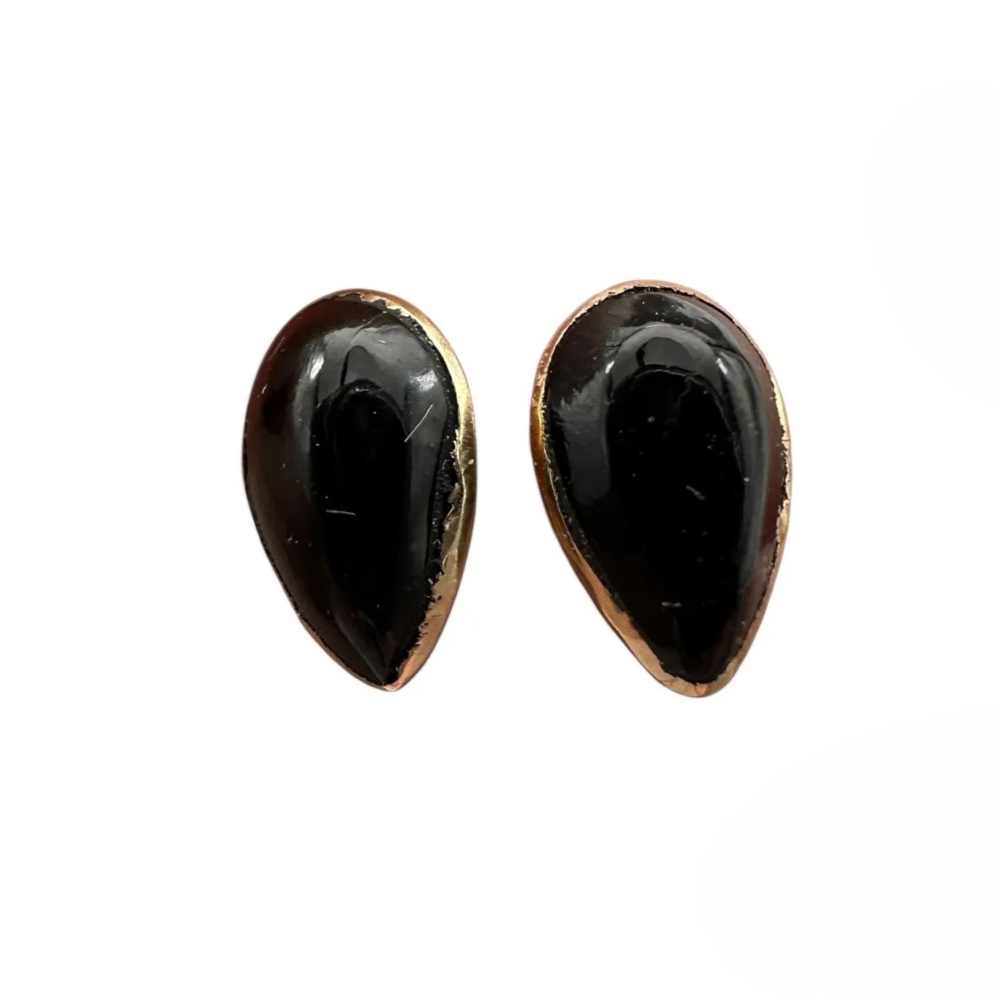 Wildflower black onyx teardrop stud earrings with 24K gold bezel, approximately 7x5mm.
