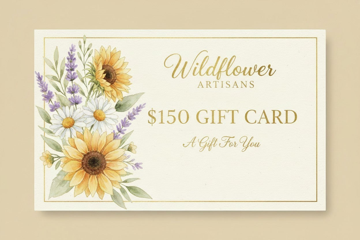 Wildflower Artisans $150 gift card with a watercolor floral design of sunflowers, daisies, and lavender.