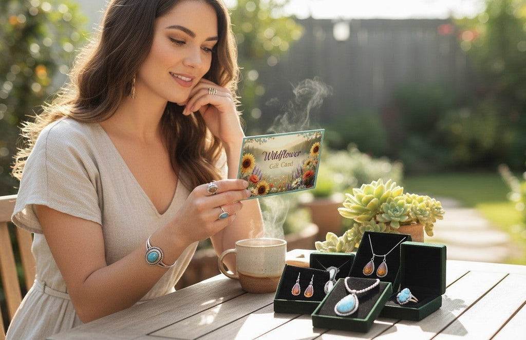 Wildflower gift card with a floral design held by a woman wearing turquoise jewelry. Jewelry boxes with necklaces and earrings are on the table.
