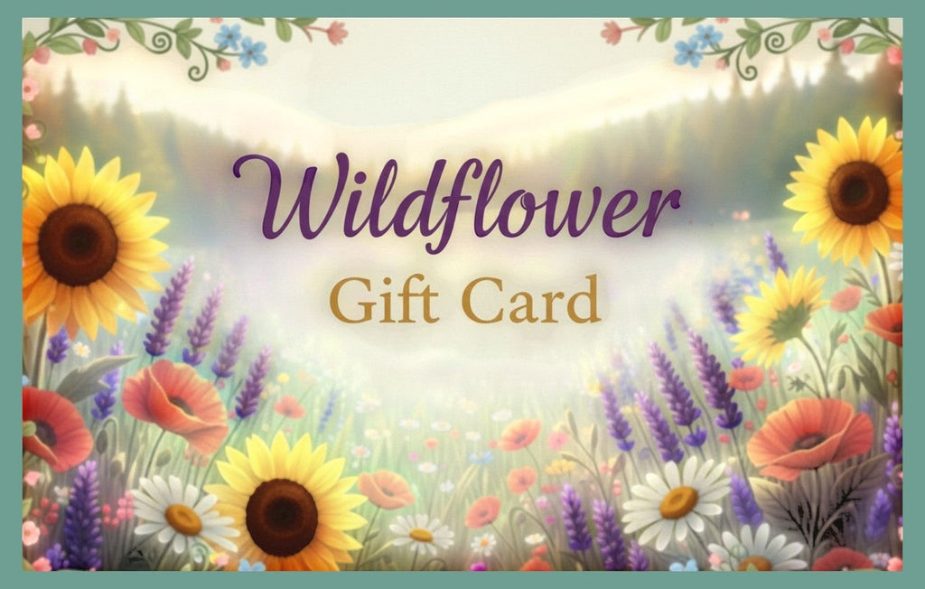 Wildflower Gift Card with a floral meadow background featuring sunflowers, poppies, lavender, and daisies.