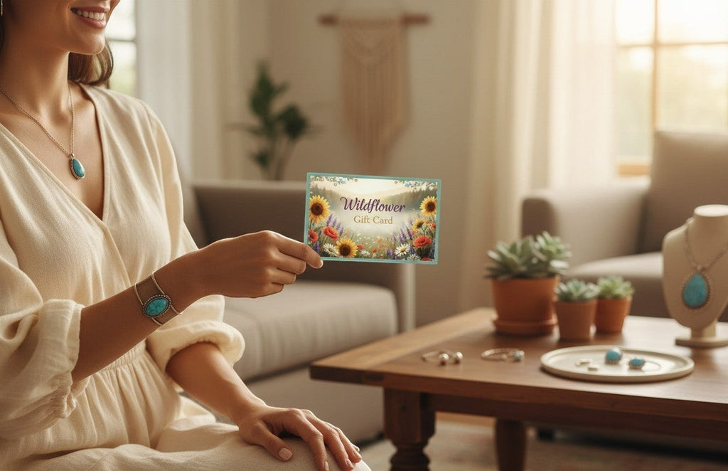 Wildflower gift card featuring a floral design with sunflowers and lavender, held by a woman wearing turquoise jewelry.