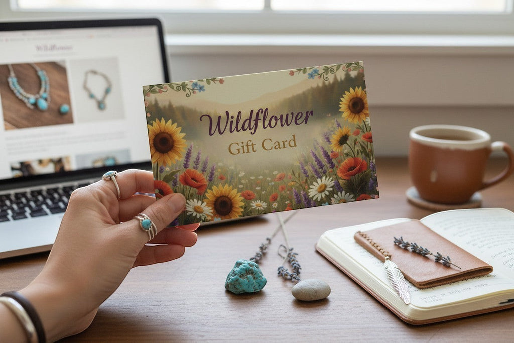 Wildflower gift card featuring a meadow scene with sunflowers, poppies, and lavender. A hand with turquoise rings holds the card.