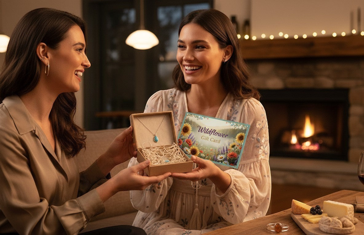 Wildflower gift card with floral design presented by a woman to another woman, who is opening a jewelry box with a turquoise necklace.