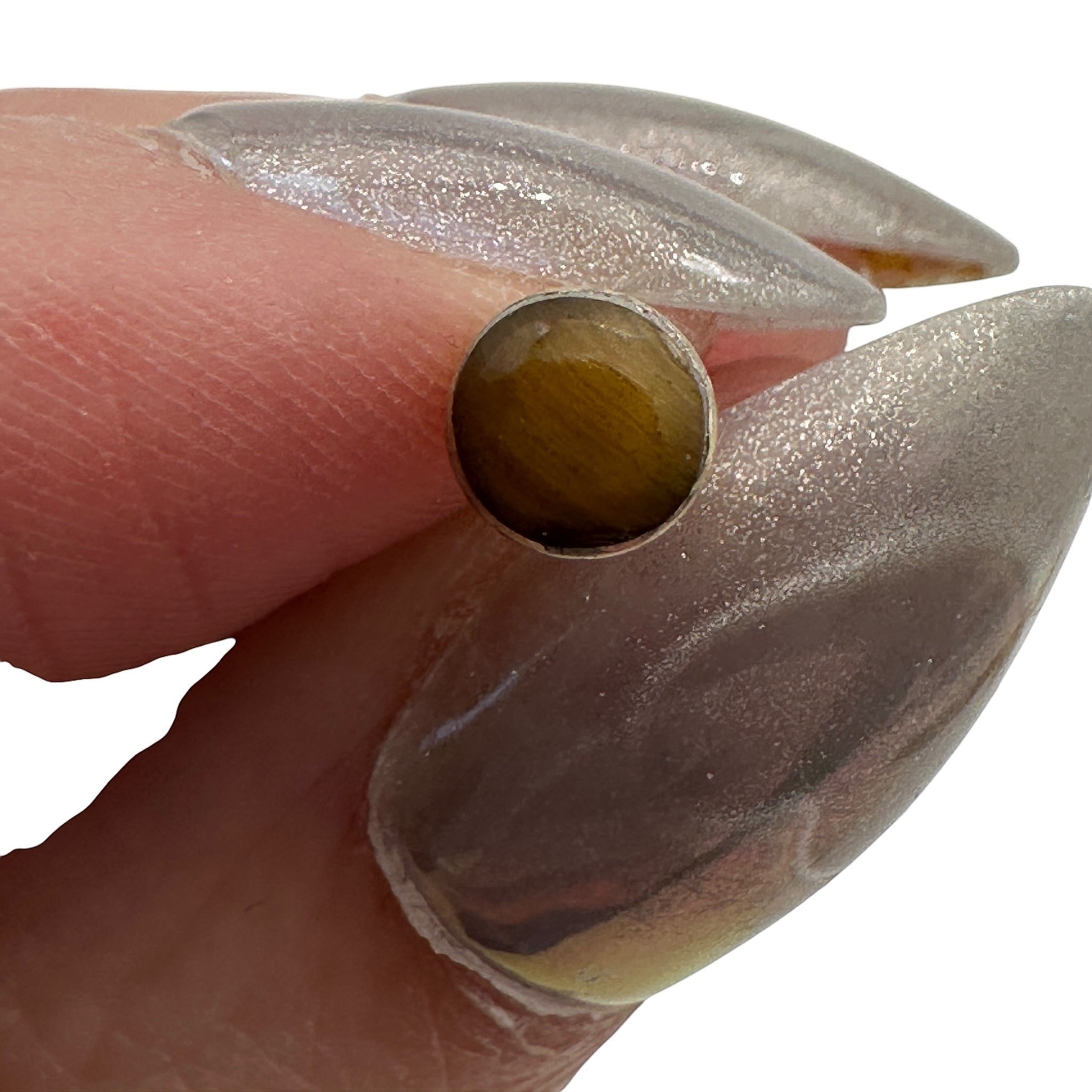 Wildflower round tiger eye stud earrings in sterling silver. 6-7mm caramel stone with chatoyant banding.