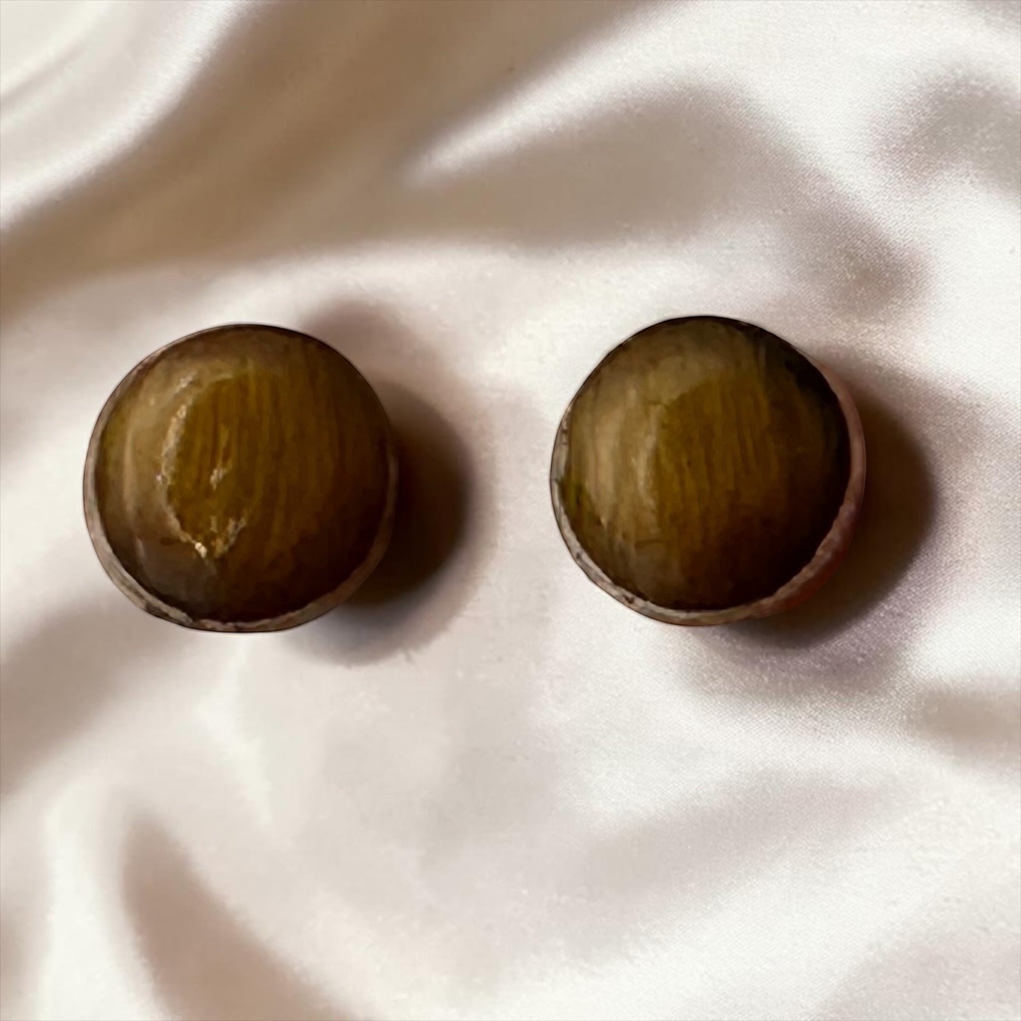 Wildflower round tiger eye stud earrings in sterling silver. Caramel stone with natural banding.