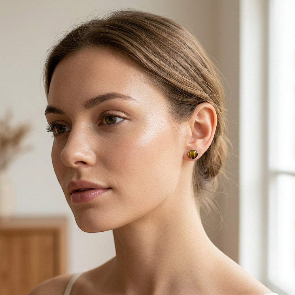 Wildflower round tiger eye stud earrings in sterling silver. 6-7mm caramel stone with chatoyant banding.
